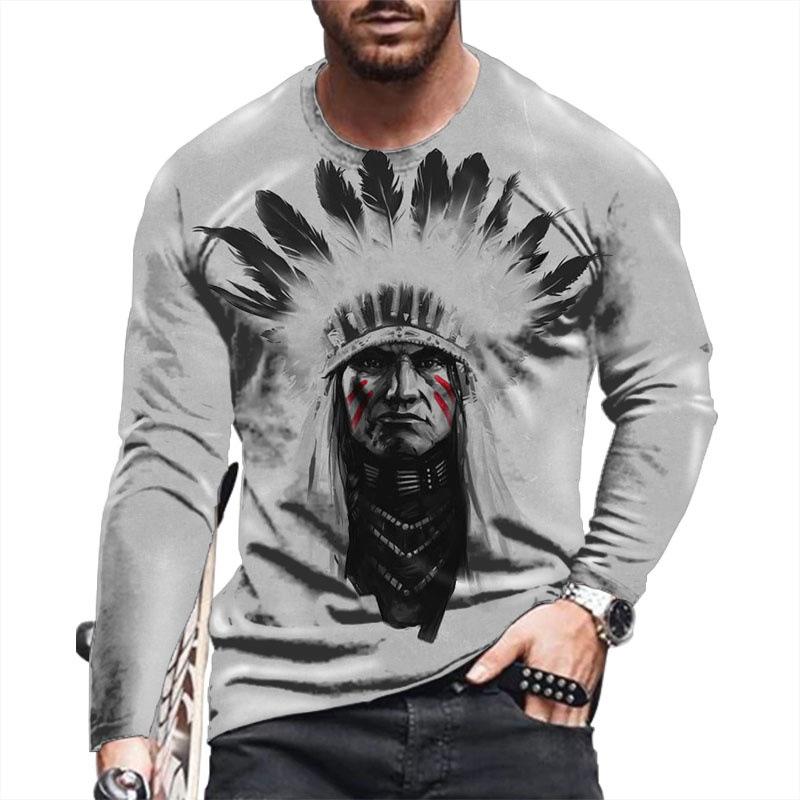 Spring and Autumn Round Neck 3D Native American Pattern Printed Top Fashionable Casual Long Sleeved Men's T-shirts