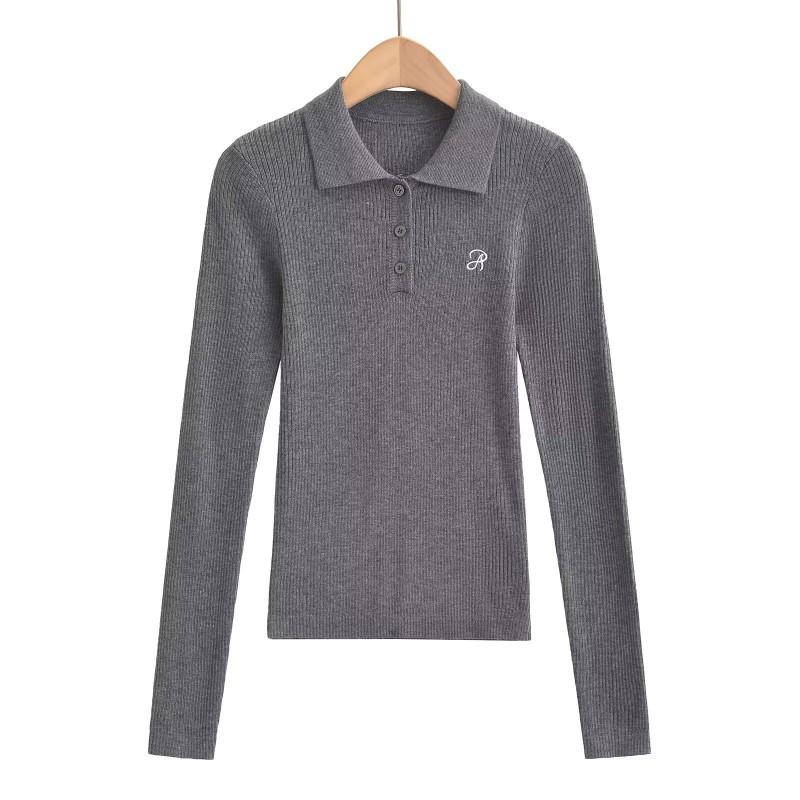 Womens Retro Knit Sweater With Embroidered Letters Slim Fit POLO Collar Long Sleeve Top Winter