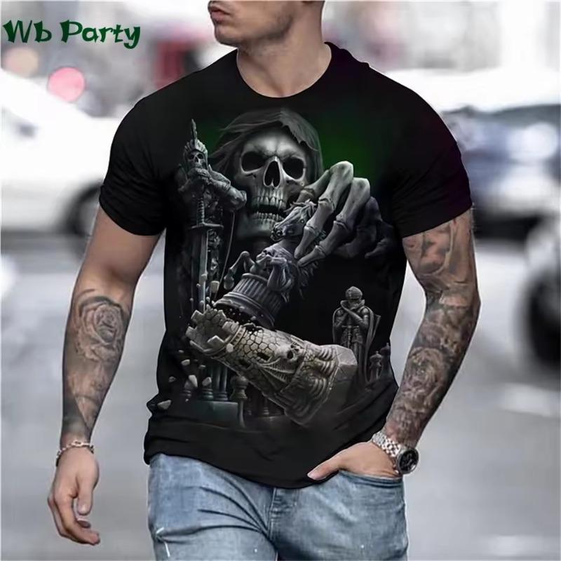 Pánské tričko s vintage hororovým 3D potiskem lebky Pánské oblečení Trička pro muže Nadměrné tričko Letní pouliční tričko s krátkým rukávem Topy