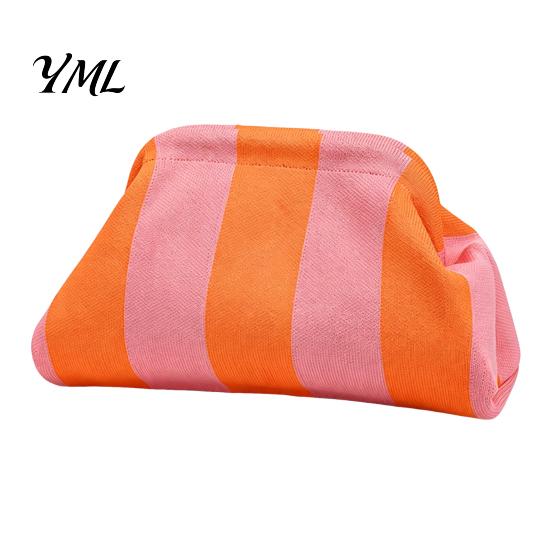 Quick Access Makeup Pouch Women Woven Striped Clutch Purse, Large Capacity Kiss Lock Organizer Cosmetic Pouch, Summer Beach Vacation Evening Dumpling
