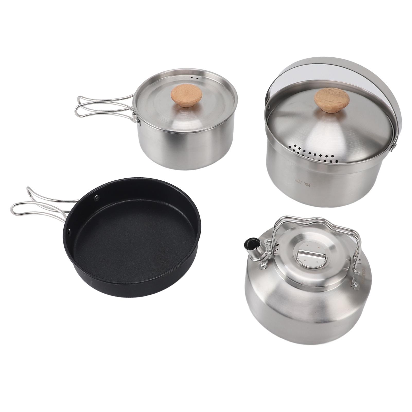 Camping Cookware, Stainless Steel Kettle Kit, Portable Camping Pot, Frying Pan and Kettle, Outdoor Cooking Set for Camping