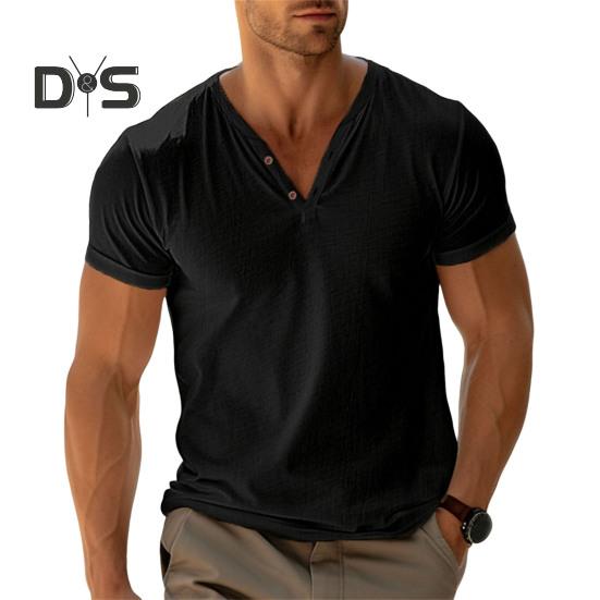 Męski T-shirt z kołnierzykiem henley z krótkim rękawem w jednolitym kolorze, letni, bawełniana mieszanka, casualowy top do noszenia na co dzień, na plażę, w podróży