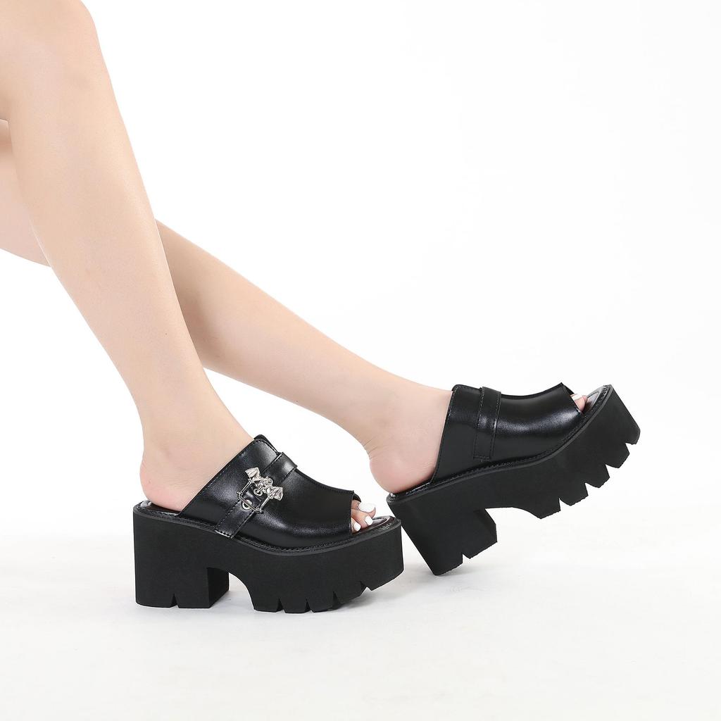 Gdgydh Goth Bat Buckle Mule Sandals for Women Heel Open Toe Thick Platform Summer Shoes Sligbacks Plus Size Black Slip On