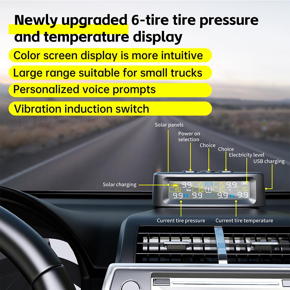 Kebidumei 6-Wheel Truck TPMS T12 Car Tire Pressure Monitoring Solar Tyre Temperature Air Leakage Alarm for Trucks/RVS/Pickup