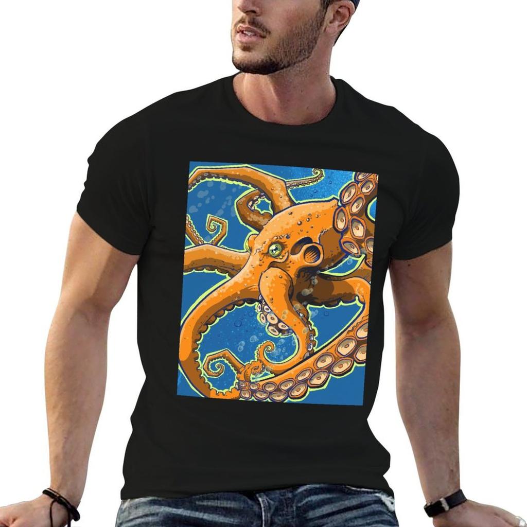 Tangerine Octopus On Blue Background TShirt Cotton T Shirts High Quality Cotton T Shirt Pack Funny T Shirts Unisex TShirt