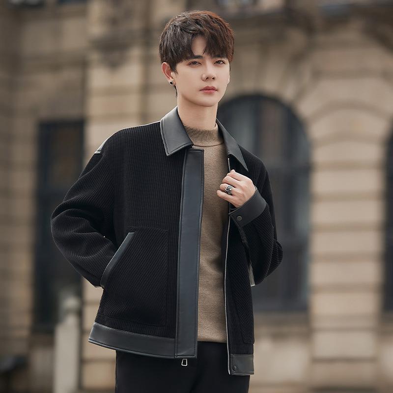 New jacket jacket men's spliced leather spring and autumn corduroy jacket lapel jacket top