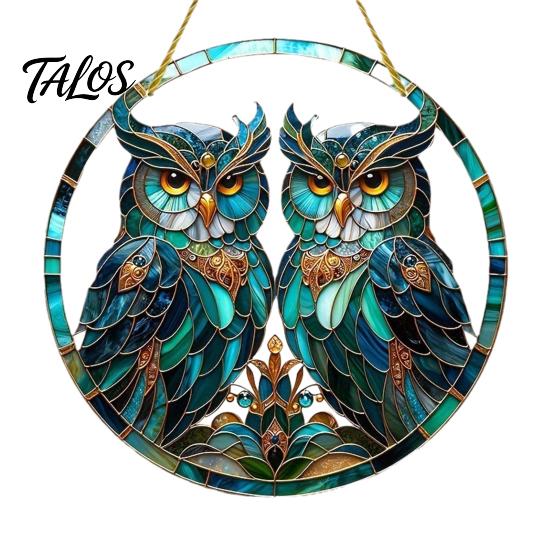Colorful Animal Art Double Owl Suncatcher Window Hanging Ornament, Stained Glass Style Circular Wall Indoor Outdoor Ornament Decor, Green for