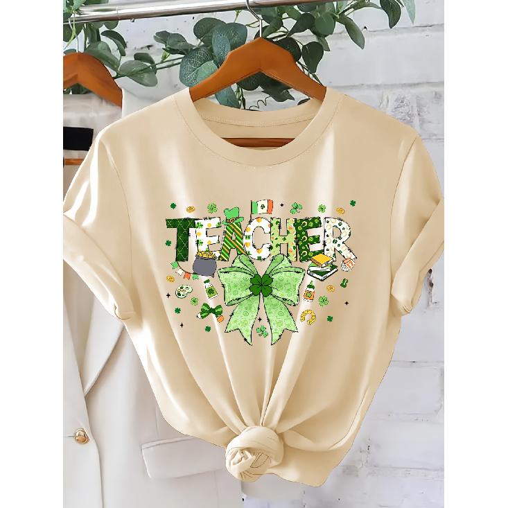 [One-way direction]Ladies TEACHER Letter-printed Fashion Retro-style Short Sleeves Spring and Summer Irish Culture St. Patrick's Day Versatile Items