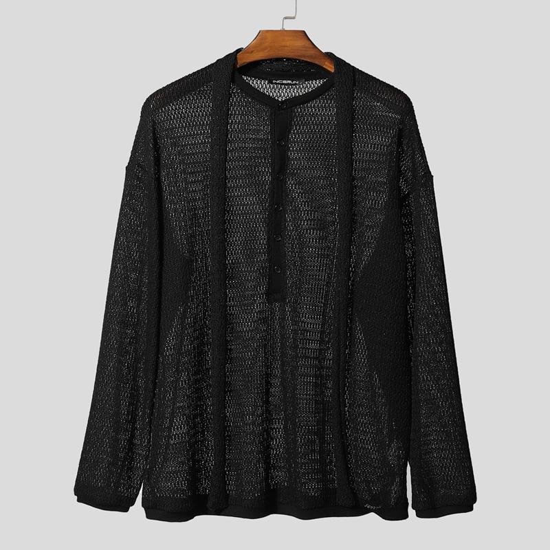 

INCERUN Oversized Men Tie Up Long Sleeve Buttons Up Mesh See Through Hollow T-shirts Tops XL