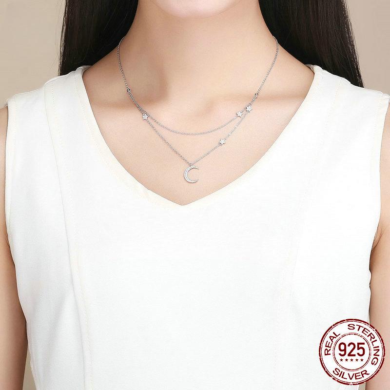 Echte 925 Sterling Silber Mond & Stern Doppelschichten Kette Anhänger Halsketten für Frauen Sterling Silber Schmuck BSN038