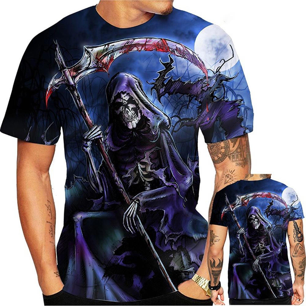 Tendenza moda estiva, T-shirt divertente e creativa, fantastico motivo stampato in 3D con teschio, T-shirt casual e comoda