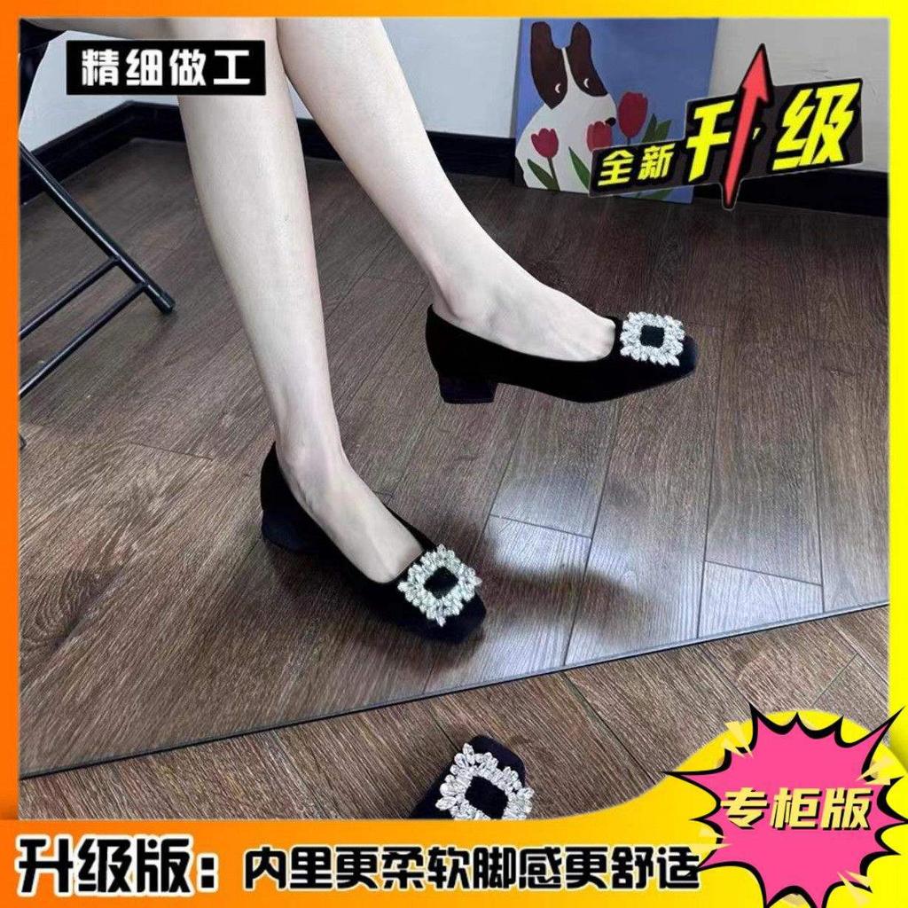 Black square head high heels women's thick heel 2025 new rhinestone versatile French temperament Mary Jane square diamond single shoes women