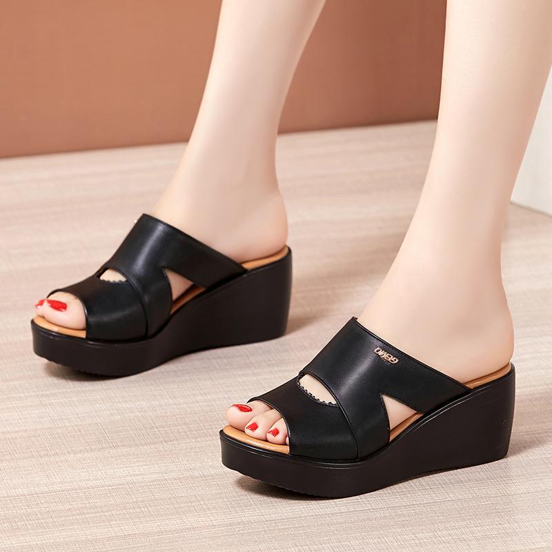 Leather Slippers Women Thick Soled Platform High Slope Heel Slippers Female Korean One-word Slippers Summer