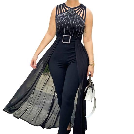

Леди комбинезон с блестящими стразами на шее, прозрачный элегантный круглый сетчатый летний комбинезон для покупок M чёрный