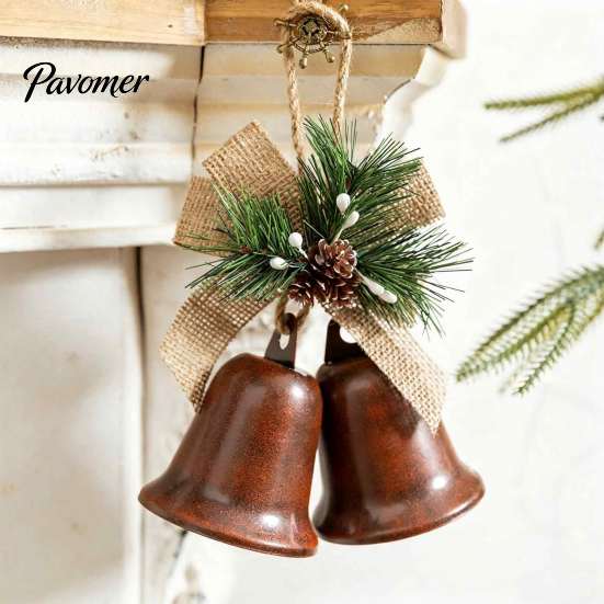 Indoor Holiday Scene Arrangement Christmas Bell Ornaments, Metal Double Jingle Bells Xmas Tree Hanging Gift for Friends Decoration with Pinecones