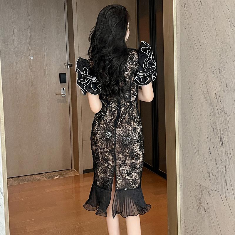 GMXIA Letní dámské šaty Francouzský design rukávů s okvětními lístky Zeštíhlující krajka Rybí ocas Delikátní šaty