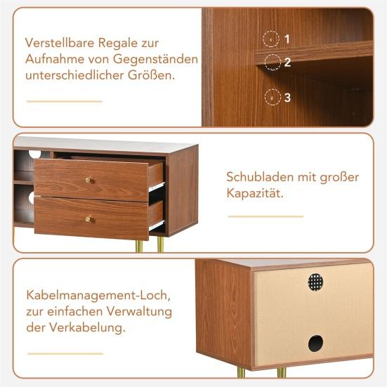 Living Room TV Stand Spacious Countertop Cabinet with 2 Drawers Two Rattan Bedroom Media Console Sliding Doors Metal Legs Furniture