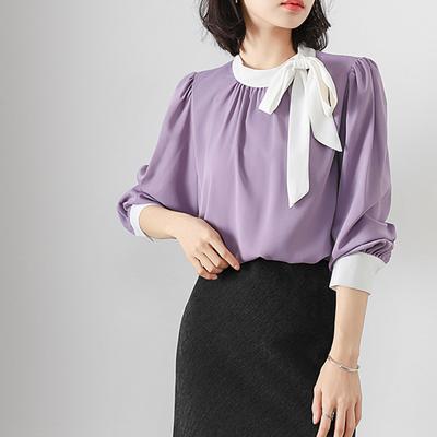 High-End Farbabstimmung High-End Schleife Chiffonhemd Damen Frühlingsdesign Temperament Langarm-Oberteil