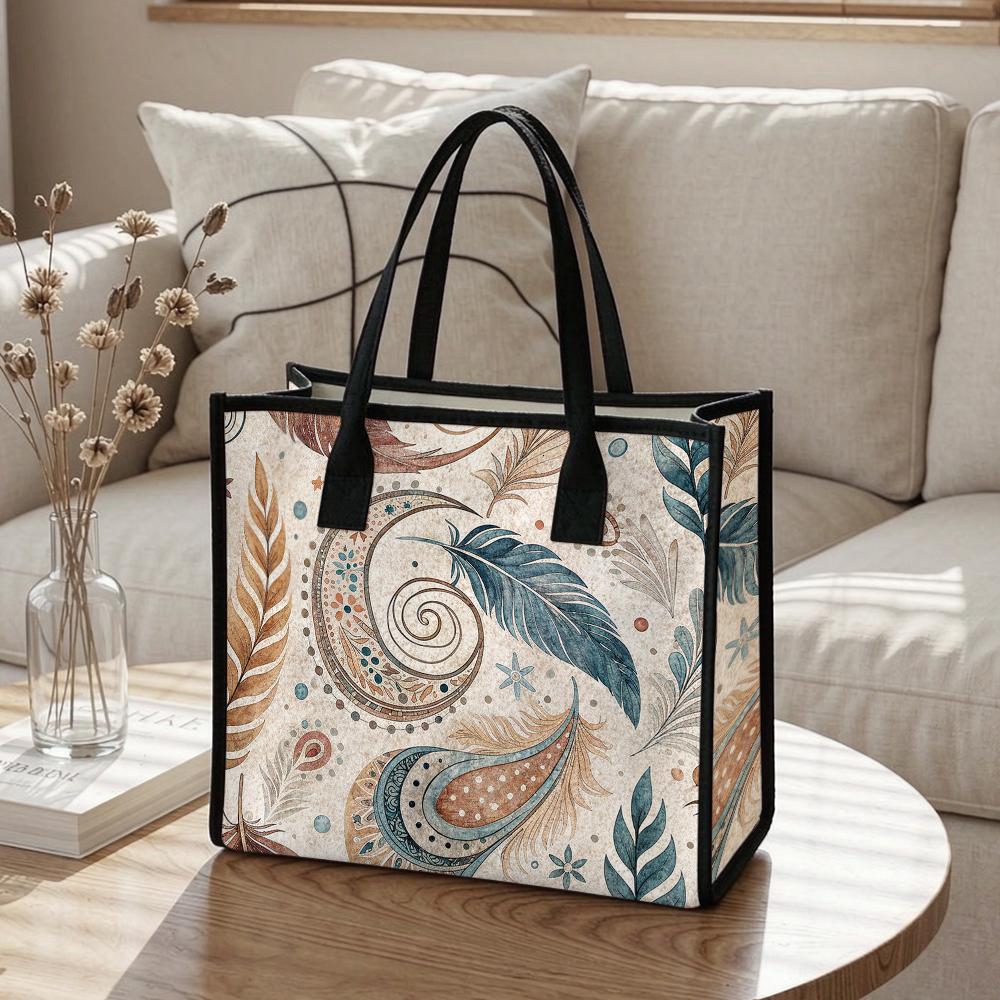 Bohemian Feather Print Tote Bag Casual Large Capacity Daily Shoulder Handbag for Women