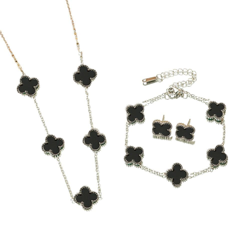 3PCS Titanium Steel Non Fading Double-sided Clover Necklace Bracelet Earring Set