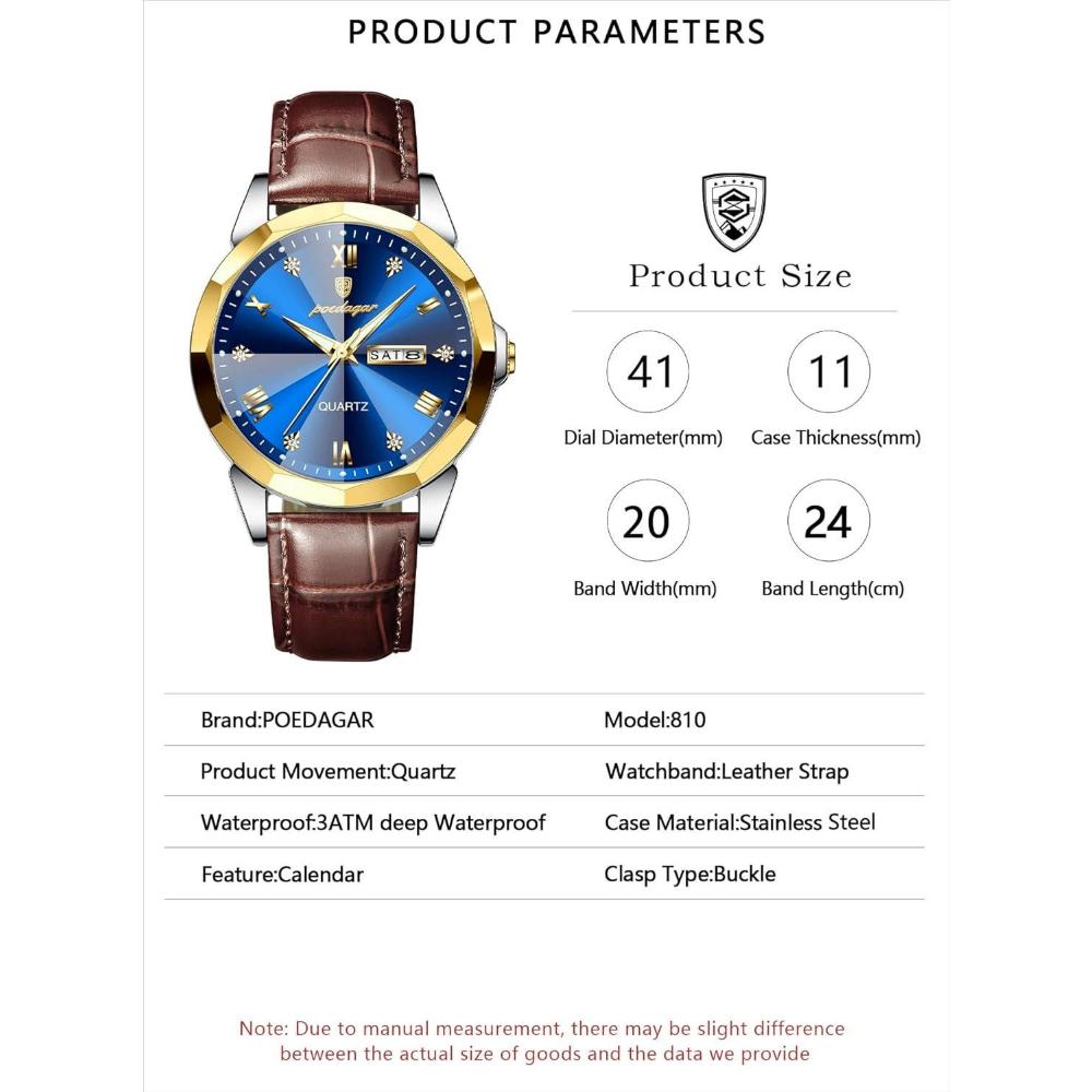 Poedagar Luxury Casual Man Wristwatch Quartz Sports Business Men Watch Waterproof Easy to Read Luminous Date Week Leather Men's Watches