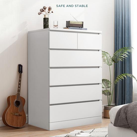 Kommode, Weiße Kommode, Schlafzimmerkommode & Schubladenkommoden, Hohe Kommode mit 6 Holzschubladen, Große Holzkommode für Schlafzimmer-Schrank, Weiß