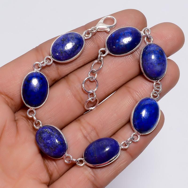 Sterling Silver Lapis Lazuli Bracelet Gift for her Oval Shape Ethnic Style Handmade Jewelry 925 Steling Silver Bracelet 7-8" WSJ-4645