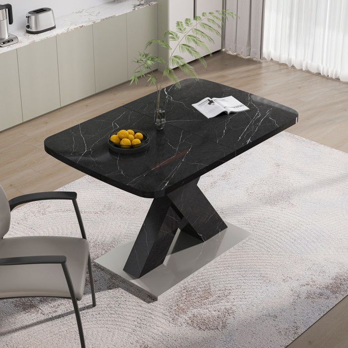 Extendable Dining Table - MUVOE - Rectangular - Black Marble Top - 6 Seats - Easy To Assemble