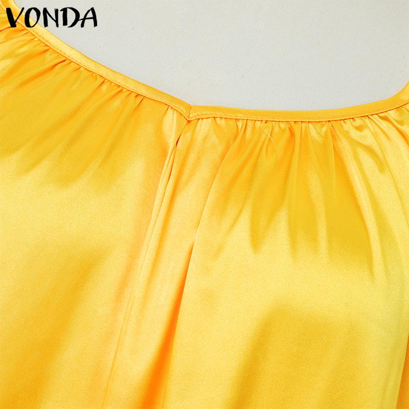VONDA Summer Women Sleeveless Strap Solid Satin Casual Beach Loose Maxi Pleated Dress