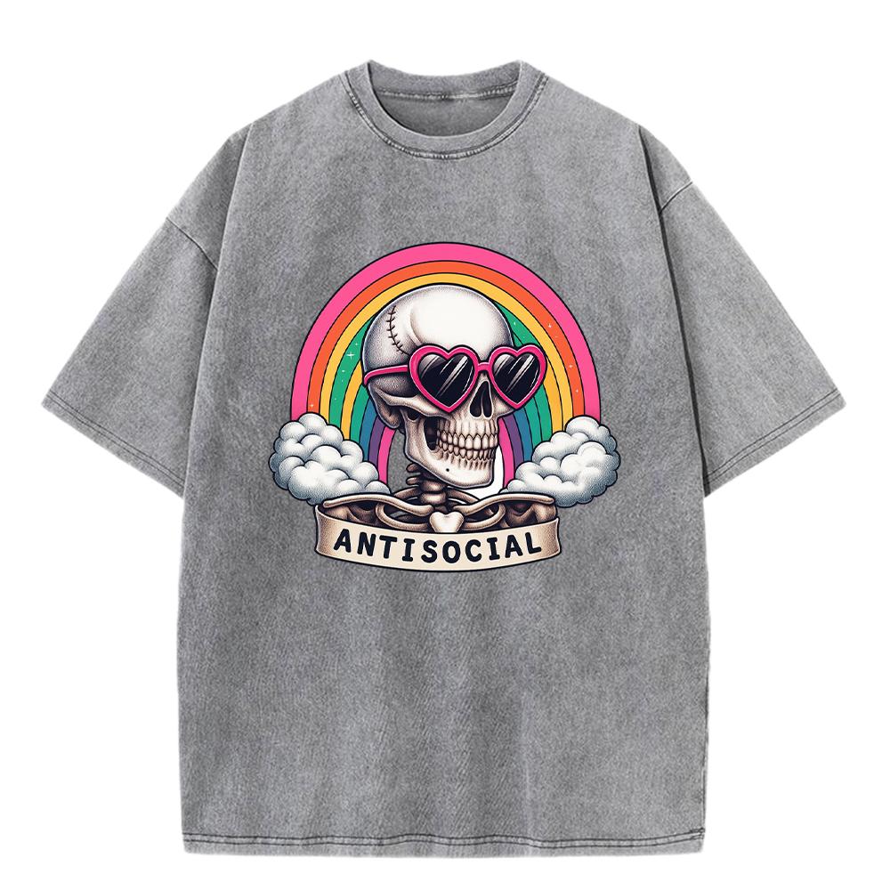 Antisocial Individual Skull Rainbow Pattern Men Washed T Shirts Casual Fashions Cotton T-Shirt Loose O-Neck Top Vintage Clothes S разноцветный