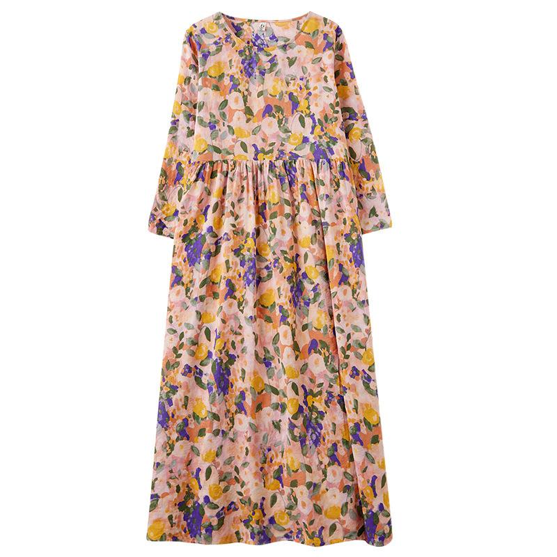 Early Spring Floral Vacation Style Travel Round Neck Retro Long Dress for Women Long Sleeved Vintage Dresses