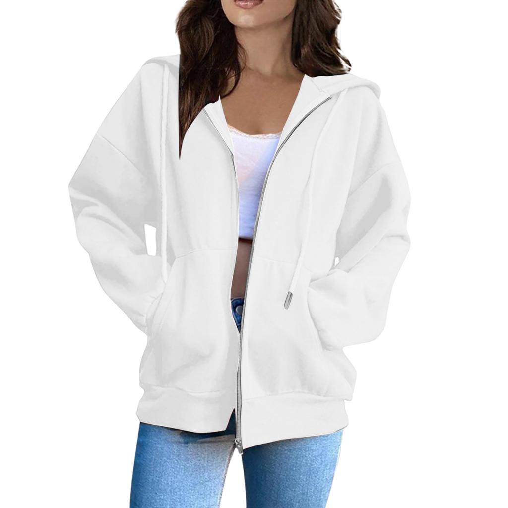 Women’s Long Sleeve Zip Up Hoodie Jacket with Drawstring Hood Casual Loose Fit Sweatshirt Outerwear for Everyday Wear
