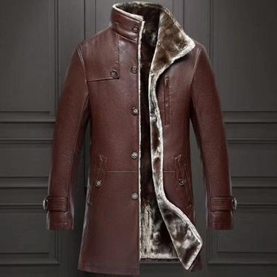 Men's Mid-Length Genuine Sheepskin Leather-Fur Stand Collar Jacket