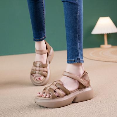 First Layer Cowhide Sandals Women's Summer 2025 New Leather Sports Retro Ethnic Style Velcro Platform Women's Shoes