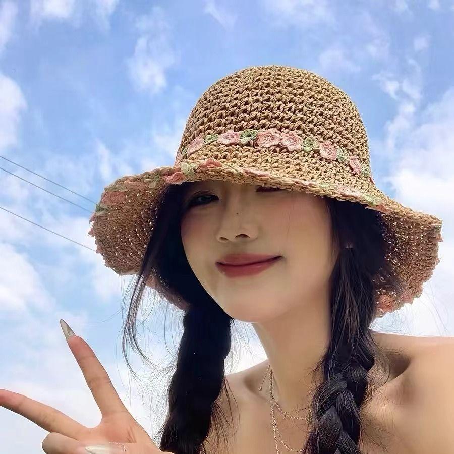 Flower Fisherman Hat Summer Beach Vacation Sun Hat Brim Straw Hat Foldable Sun Hat