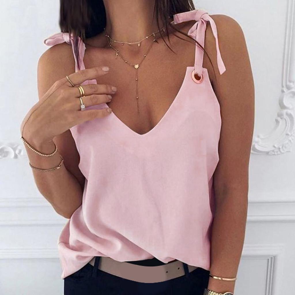 

Женская мода однотонная без рукавов с v-образным вырезом и бантом, повседневная майка, жилет, блузка M розовый
