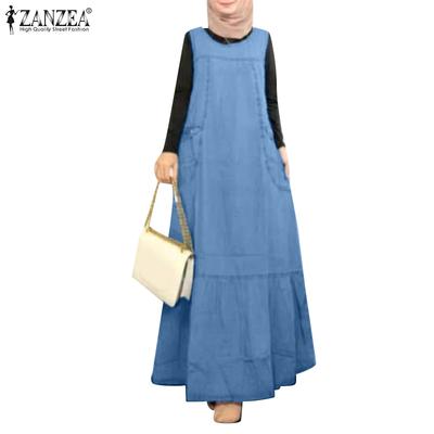 Women Muslim Round Neck Loose Sleeveless Long Dress