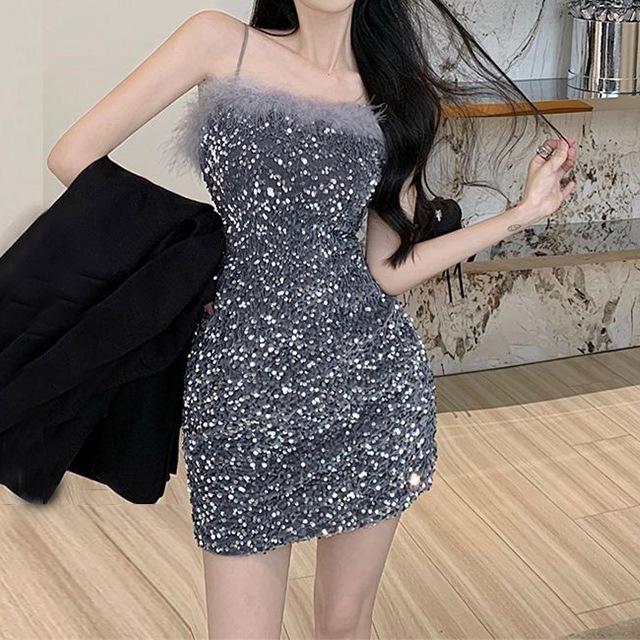 Women s Black Sequin Spaghetti Strap Bodycon Dress - Sexy Autumn 2026 Short Gown S серебряный серый