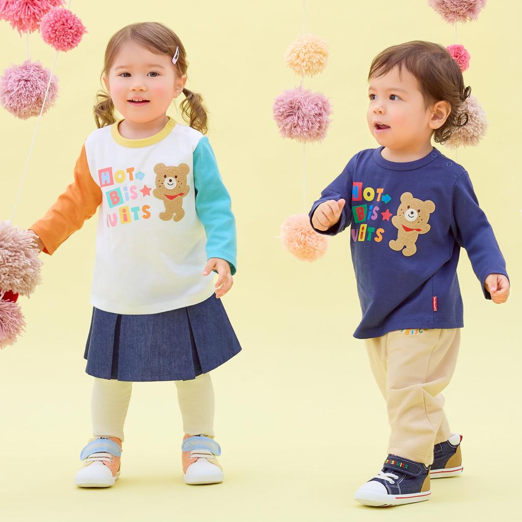 MIKI HOUSE HOT BISCUITS Long Sleeve Navy for Boys and T-Shirt, Blue, 110cm, Girls, 73-5201-147