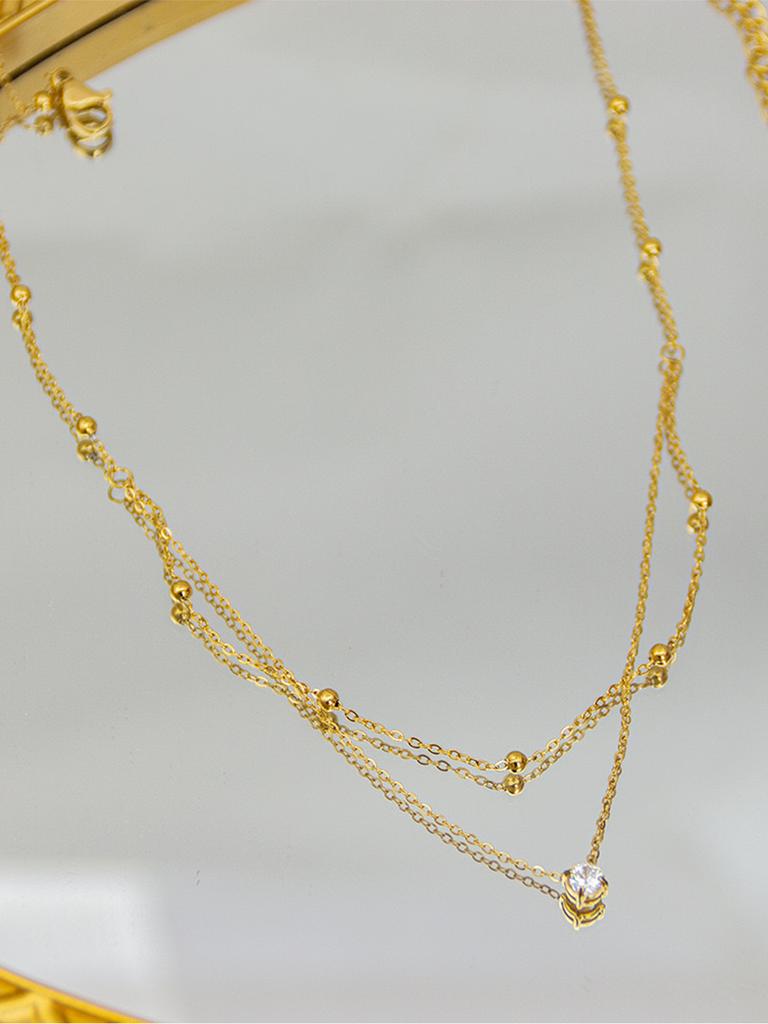 1 Pc Stainless Steel Plated 18K Exquisite Gold Bead Single Diamond Small Double-Layer Necklace