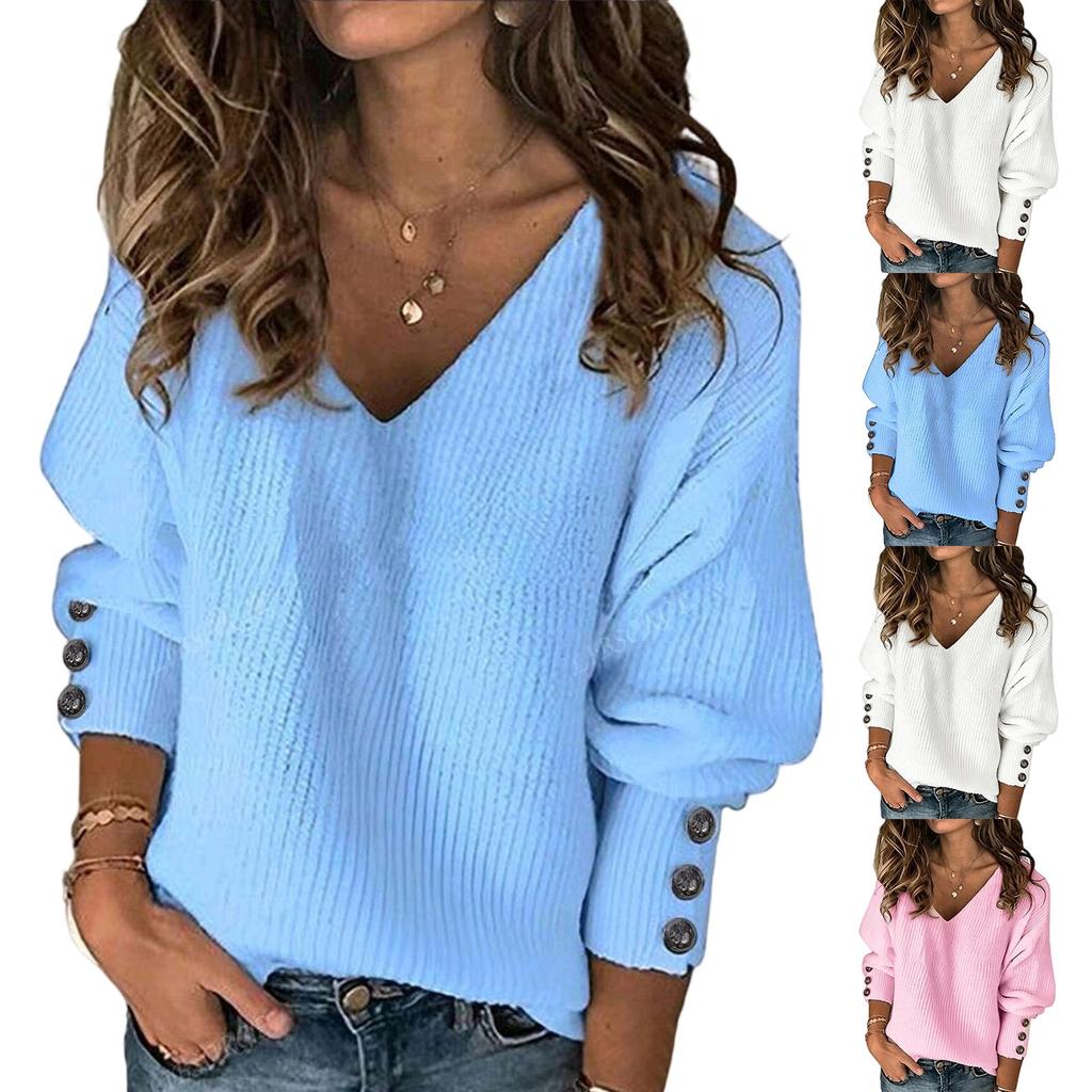 Women's Oversized Long Sleeve V-Neck Sweater - Color Casual Winter Top for Daily Wear