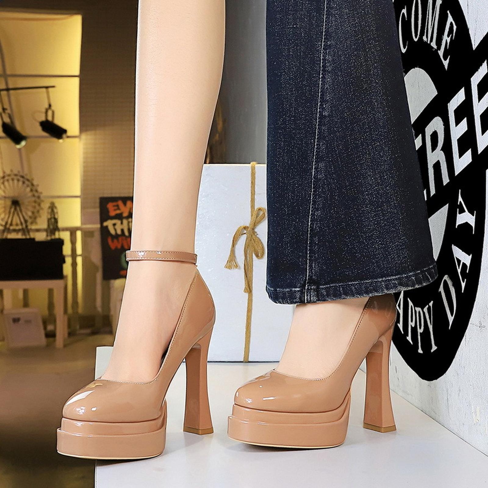 Women s Leather Strap Round Toe Block Heel Pumps 38 хаки 4960₽