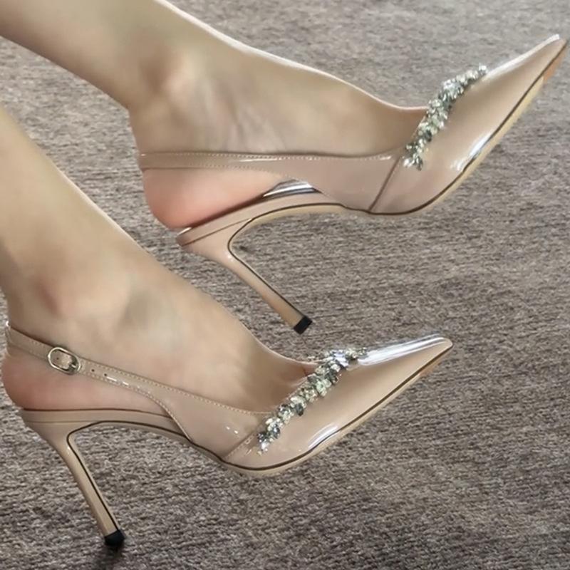 New One-word Nude High Heels Pointed Sexy Rhinestones Beautiful Temperament Versatile Sandals Women