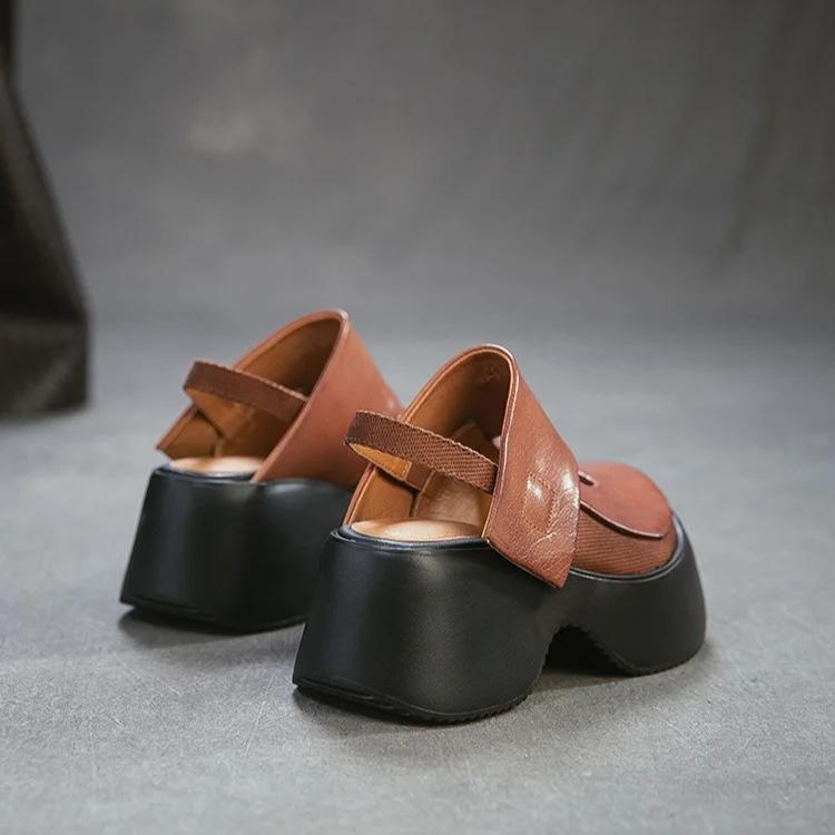 Johnature Sandale Retro cu Vârf Rotund și Talpă Groasă Versatile din Piele Naturală cu Toc Gros Pantofi cu Platformă pentru Femei