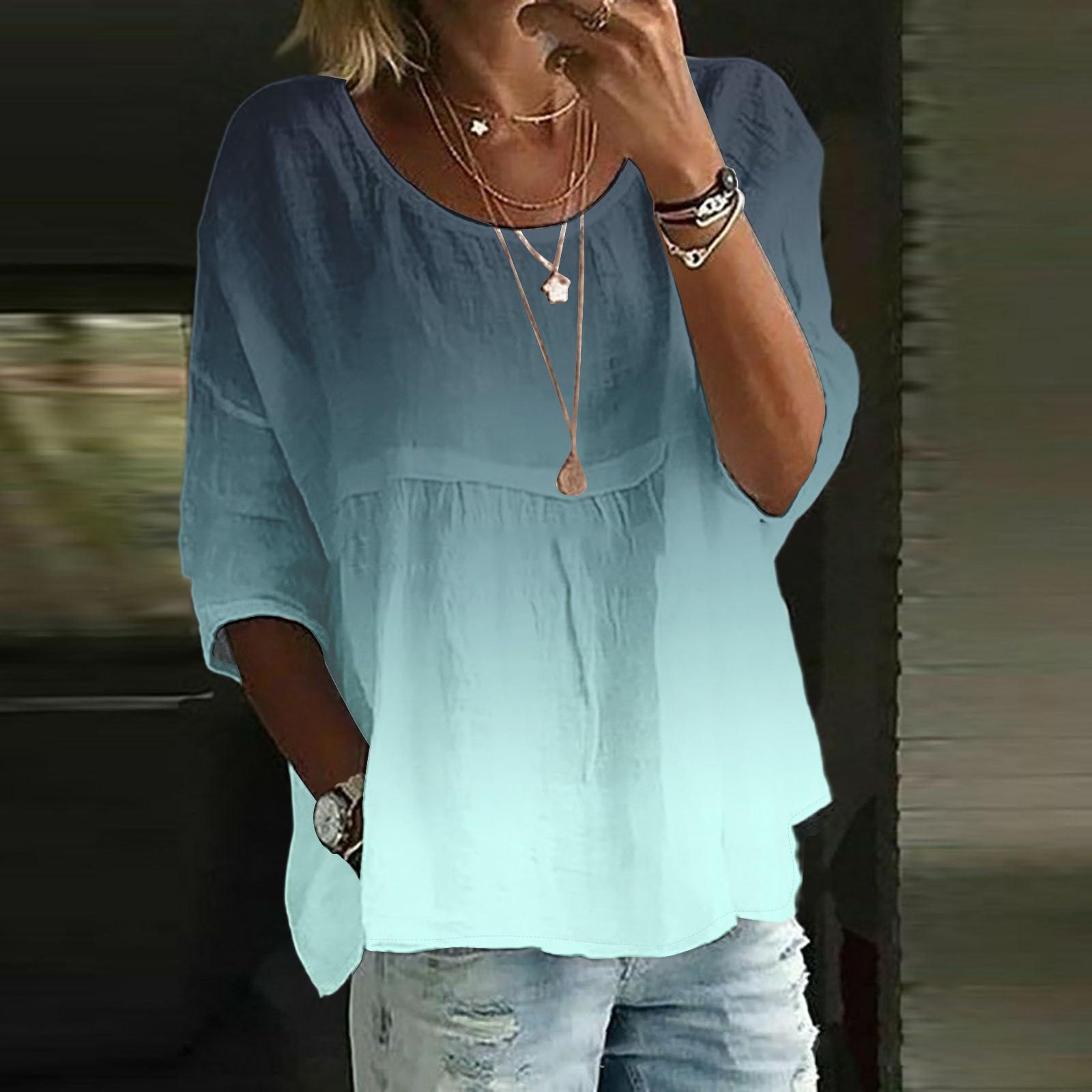 

Льняные рубашки для женщин с рукавом 3/4 на пуговицах с круглым вырезом летние топы нарядные повседневные милые рубашки XL циан