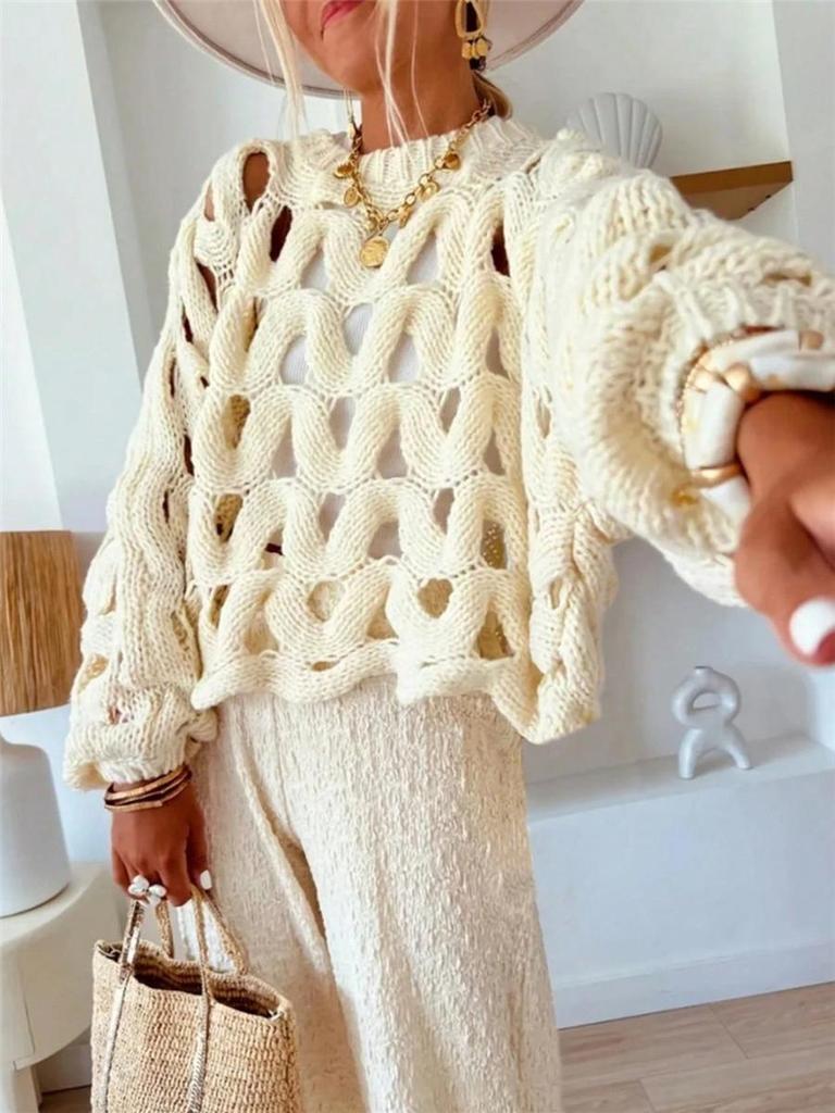Cardigan Pulover Casual Tricotat cu Decupaje pentru Femei cu Mânecă Lungă