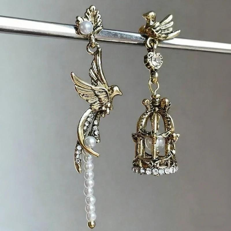 1 Pair Vintage Asymmetric Bird Cage Faux Pearl Earrings, Suitable For Any Occasion