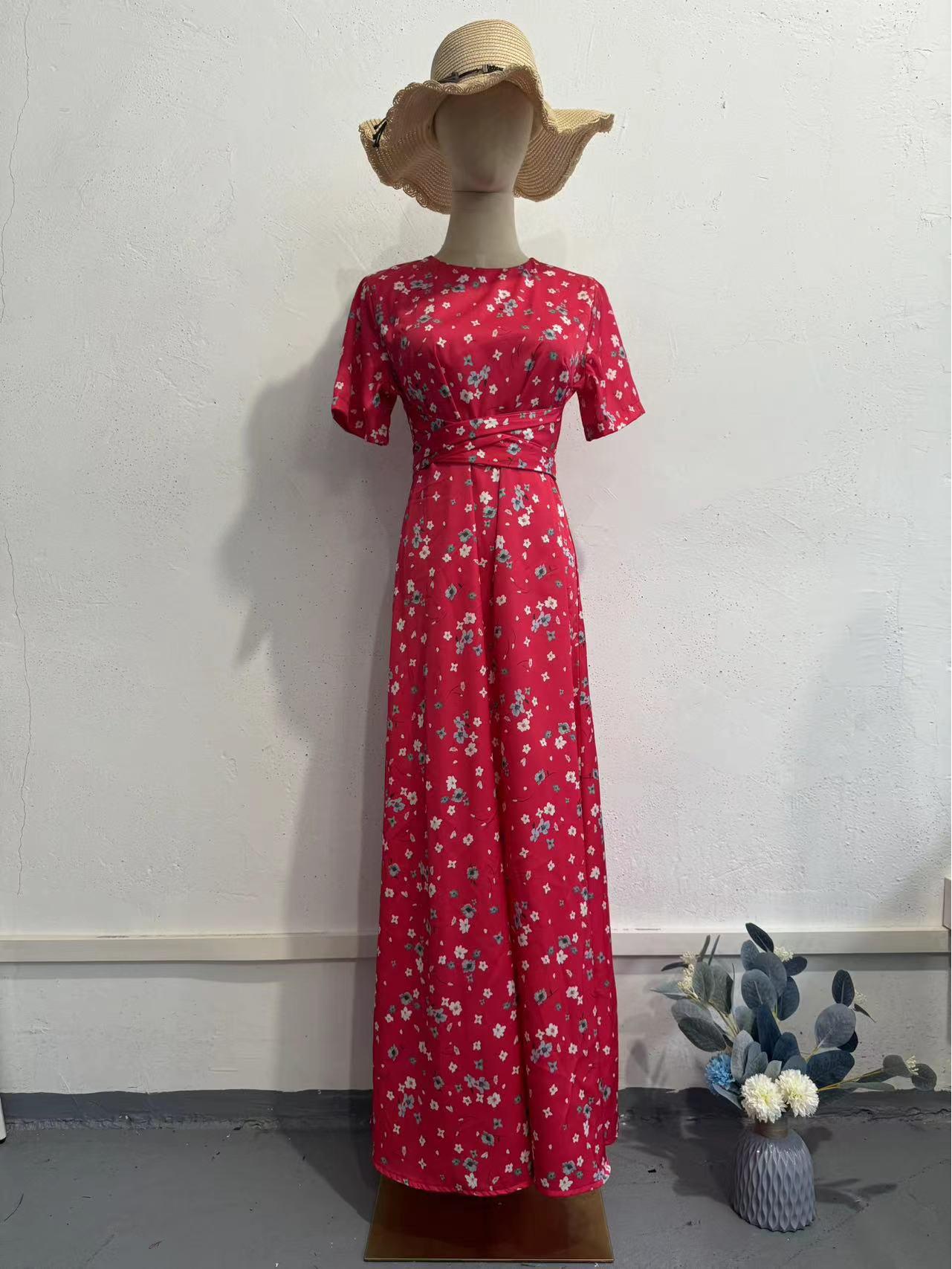 2024 Elegant European & American Women s Five-Sleeve Round Neck Summer Dress - Red Print L красный