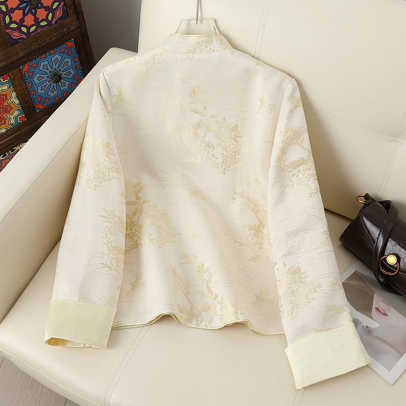 Women's Retro Style Mandarin Jacket with Embroidered Jacquard and Frog Buttons