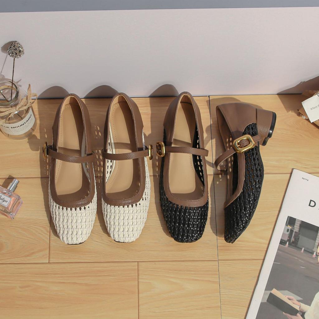 Autumn new Xiaoxiangfeng woven mesh breathable single shoes femininity high heels women are not tired feet Mary Jane shoes